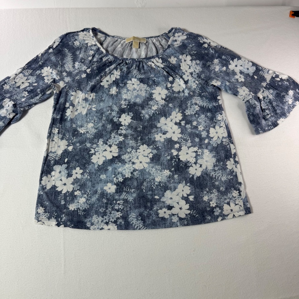 Michael Kors Womens Floral Acid Wash Bell Sleeve Blouse Top Size XS Blue White